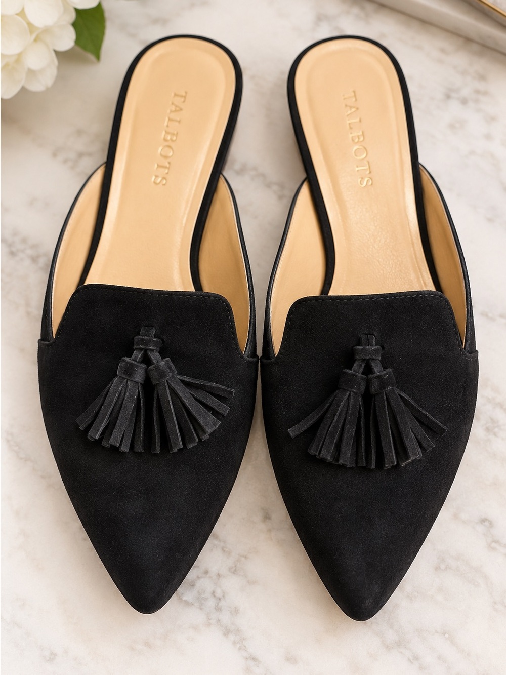 Talbots Black Suede Tassel Pointed Toe Mule Loafers 7.5M